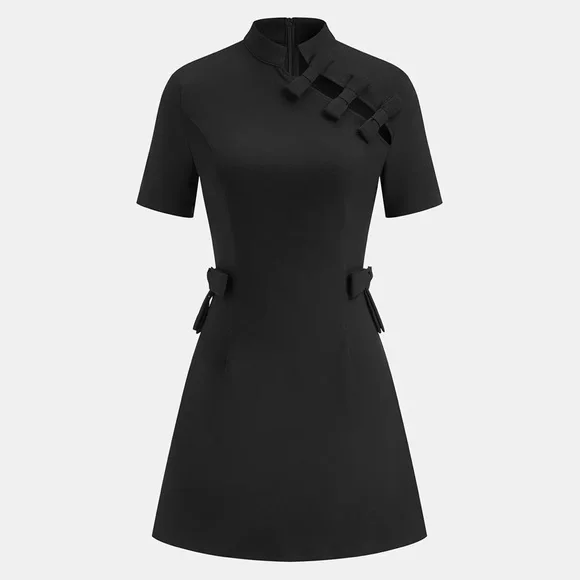 17 Commense Bow Cut-Out Stand Collar Short Sleeve Dress - Picture 5 of 5